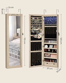 Dulap bijuterii suspendat cu oglinda, MDF melaminat / catifea, stejar, Songmics