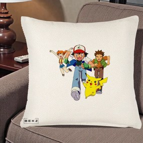 Perna Personalizata Pokemon Ash Misty Brock si Pikachu, 40x40 cm, Crem Reliefat, Husa Detasabila, Perna Inclusa, BEKZ®