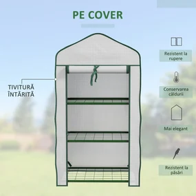 Outsunny Mini Seră pe 3 Nivele cu Acoperiș PE Întărit, Seră Portabilă cu Ușă Rulantă și Rafturi din Sârmă, 59x39x127 cm, Alb | Aosom Romania