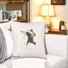 Perna Decorativa Portret Feminin Profil Flori Portocalii, 40x40 cm, Bej cu Franjuri, Husa Detasabila, Perna Inclusa, BEKZ®