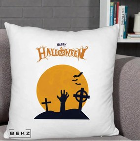 Perna Decorativa Happy Halloween Cimitir cu Luna, 40x40 cm, Alb Pufos, Husa Detasabila, Perna Inclusa, BEKZ®