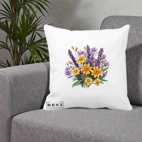 Perna Decorativa Lavanda cu Margarete Galbene si Lila, 40x40 cm, Alba Mata, Husa Detasabila, Perna Inclusa, BEKZ®