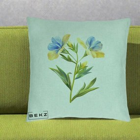 Perna Decorativa Botanica Frezie Galbena si Albastra, 40x40 cm, Verde Menta, Husa Detasabila, Perna Inclusa, BEKZ®