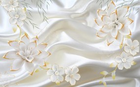 Tapet Premium Canvas - Flori albe cu auriu abstract