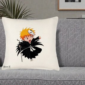 Perna Personalizata Bleach Ichigo Chibi cu Masca, 40x40 cm, Crem Reliefat, Husa Detasabila, Perna Inclusa, BEKZ®