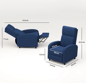 HOMCOM Fotoliu Relax Reclinabil Manual 160° cu Suport pentru Picioare, Fotoliu Reclinabil Tapițat Ergonomic din Material Textil Tip In pentru Dormitor, Birou, Sufragerie, Albastru | Aosom Romania