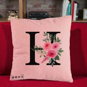 Cadou Personalizat - Perna Personalizata Monograma Florala Litera H cu Trandafiri Roz, 40x40 cm, Roz, Husa Detasabila, Perna Inclusa, BEKZ®