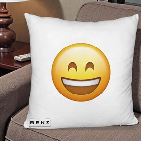 Perna Decorativa Emoji Zambet Mare, 40x40 cm, Alb Pufos, Husa Detasabila, Perna Inclusa, BEKZ®