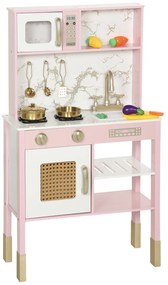 AIYAPLAY Bucătărie de jucărie din lemn cu sunet cu accesorii din oțel inoxidabil legume pentru tăiat Roz | Aosom Romania