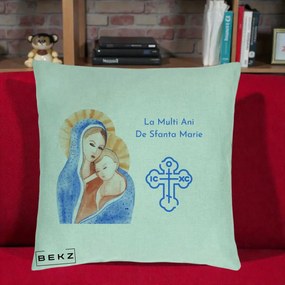 Cadou de Onomastica - Perna Personalizata Sfanta Marie Icoana Acuarela, 40x40 cm, Verde Menta, Husa Detasabila, Perna Inclusa, BEKZ®