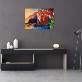 Tablou pe sticlă - Satul de coastă Cinque Terre, Riviera italiană, impresionismul modern (70x50 cm)
