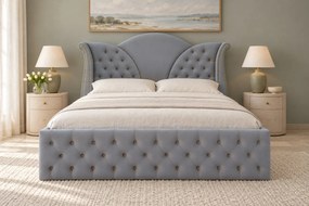 Pat tapițat Chesterfield din catifea Velora 140×200 cm, gri deschis, cu ladă de depozitare