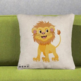 Perna Decorativa Pui de Leu Kawaii, 40x40 cm, Bej Canapea, Husa Detasabila, Perna Inclusa, BEKZ®