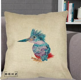 Perna Decorativa Pasare Martin Pescar Acuarela Albastru-Mov, 40x40 cm, Crem, Husa Detasabila, Perna Inclusa, BEKZ®
