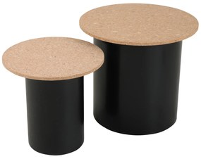 Set de 2 masute laterale rotunde din MDF si pluta cu picioare din pin negru