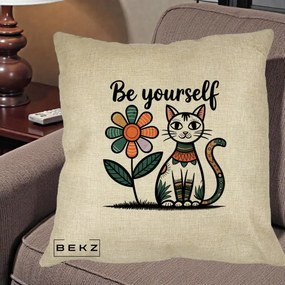 Perna Personalizata Be Yourself Pisica Folk, 40x40 cm, Crem, Husa Detasabila, Perna Inclusa, BEKZ®