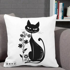 Perna Decorativa Pisica Neagra Grafica Minimalista, 40x40 cm, Alba Mata, Husa Detasabila, Perna Inclusa, BEKZ®