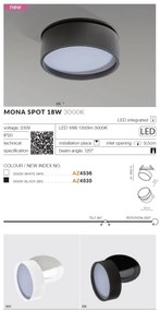 Spot LED incastrat directionabil de tavan/plafon MONA 18W 3000K negru