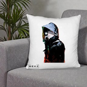 Perna Personalizata Tokyo Ghoul Ken Kaneki cu Masca si Gluga, 40x40 cm, Alb Pufos, Husa Detasabila, Perna Inclusa, BEKZ®
