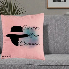 Cadou pentru Cumnat - Perna Personalizata Cel mai Bun Cumnat cu Silueta Palarie si Pete Teal-Roz, 40x40 cm, Roz, Husa Detasabila, Perna Inclusa, BEKZ®