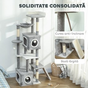 PawHut Arborele pentru Pisici cu Căsuțe, Rampe, Stinghie și 4 Mingi, Gri | Aosom Romania