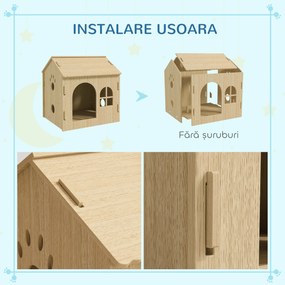 PawHut Căsuță pentru Câini de Interior cu Fereastră Mică și Intrare Frontală, 49,5x41x51 cm, Lemn Natural | Aosom Romania