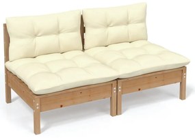Canapea de gradina, 2 locuri, cu perne crem, lemn masiv pin maro miere, 1