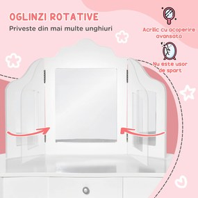 Masa de Machiaj HOMCOM pentru Copii cu Scaunel și Oglindă Triplă, din Lemn și Acrilic, 63x40x85.5 cm, Albă | Aosom Romania