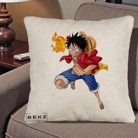 Perna Personalizata One Piece Luffy Gear Second Foc, 40x40 cm, Bej Canapea, Husa Detasabila, Perna Inclusa, BEKZ®