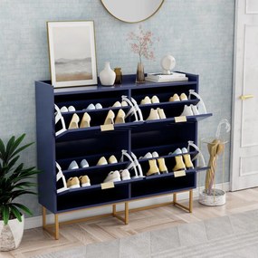 PANN5 - Pantofar 100 cm ingust, 4 compartimente, pantofare, depozitare pantofi, mobilier hol - Negru / Albastru / Gri - Auriu