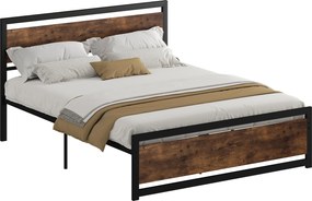 HOMCOM Cadru Pat Matrimonial din Lemn si Otel 160x200cm, Sipci Integrate si Tetiera in Stil Industrial, Negru Maro Rustic