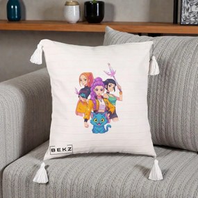 Perna Personalizata K-pop HUNTRX Trio cu Pisica si Cristale, 40x40 cm, Bej cu Franjuri, Husa Detasabila, Perna Inclusa, BEKZ®