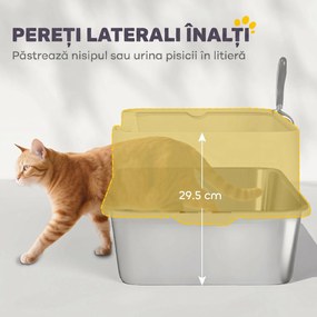 PawHut Litieră pentru Pisici Închisă din Oțel Inoxidabil XL cu Lopățică și Laterale Înalte, Gri | Aosom Romania