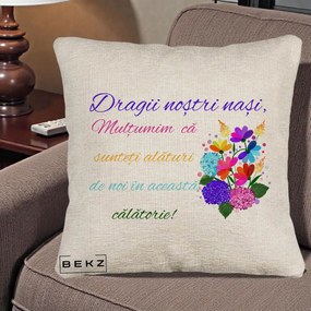 Perna Personalizata Dragii Nostri Nasi Multumim cu Flori Multicolore Colorat, 40x40 cm, Bej Canapea, Husa Detasabila, Perna Inclusa, BEKZ®