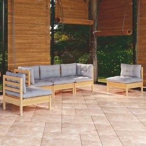 Set mobilier de gradina cu perne gri, 5 piese, lemn masiv pin