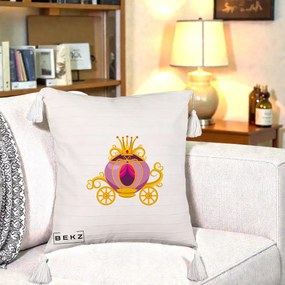Perna Decorativa Trasura Regala Aurie, 40x40 cm, Bej cu Franjuri, Husa Detasabila, Perna Inclusa, BEKZ®