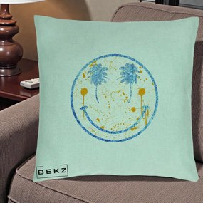 Perna Decorativa Smiley Face Tropical Albastru Glitter si Portocaliu, 40x40 cm, Verde Menta, Husa Detasabila, Perna Inclusa, BEKZ®