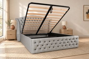 Pat tapițat Chesterfield din catifea Sorella Simple 140×200 cm, gri deschis, cu ladă de depozitare