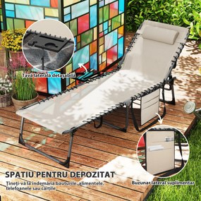 Outsunny Șezlong de Grădină Pliabil și Reglabil în 5 Poziții cu Măsuță Laterală, 60x190x31 cm, Alb Crem | Aosom Romania