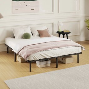 HOMCOM Pat Matrimonial Industrial cu 28 de Doghe și Spațiu de Depozitare, din Lemn și Oțel, 190x160x31 cm, Negru și Lemn | Aosom Romania