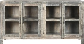 Bufet din lemn reciclat, natur, cu 4 uși vitrate și mânere din metal negru, aspect rustic, finisaj natural, 90 x 170 x 40 cm, „Valmira”
