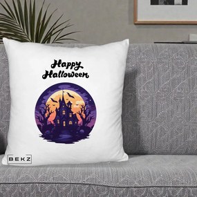 Perna Decorativa Happy Halloween Casa Bantuita Violet, 40x40 cm, Alb Pufos, Husa Detasabila, Perna Inclusa, BEKZ®