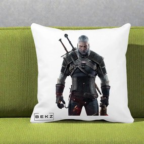 Perna Personalizata The Witcher Geralt of Rivia Portret, 40x40 cm, Alba Mata, Husa Detasabila, Perna Inclusa, BEKZ®