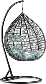 Scaun negru suspendat KOKON cu suport, perna verde-alb