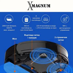 Aspirator robot MAGNUM X, 40 W, 3000 Pa, Curatare uscata si umeda, Filtrare în 3 etape, Wi-Fi, Functie de programare, Negru