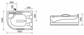 Cadă de baie cu hidromasaj asimetrică Dublo E-Drive, 180x130 cm cu baterie
