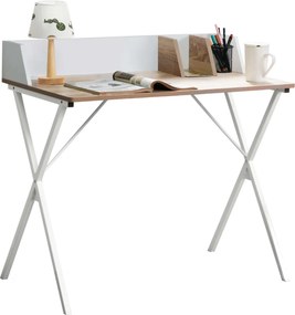 Masa birou PSALMO, alb/stejar, DTD laminat/metal, 90x50x85 cm