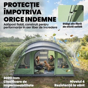 Outsunny Cort Mare Multi-Cameră pentru 2-4 Persoane, cu Ferestre și Verandă, Verde | Aosom Romania