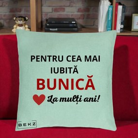 Cadou pentru Bunica - Perna Personalizata Pentru Cea Mai Iubita Bunica La Multi Ani Rosu, 40x40 cm, Verde Menta, Husa Detasabila, Perna Inclusa, BEKZ®