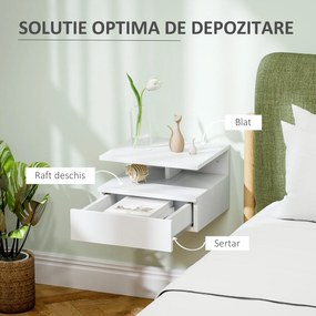 HOMCOM Noptieră Suspendată cu Sertar și Raft Superior din Lemn, 35x32x22,5 cm, Alb | Aosom Romania